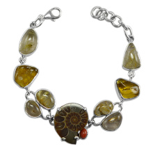 Amber Coral Rutilated Quartz & Ammonite Gemstone with 925 Sterling Silver Bracelet